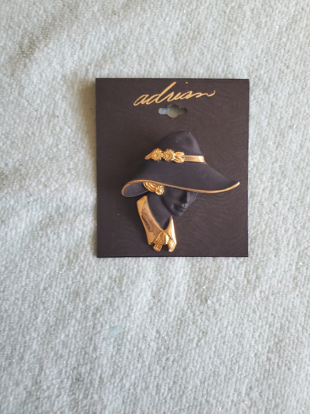 Black and Gold Woman Hat Profile Brooch - Adrian